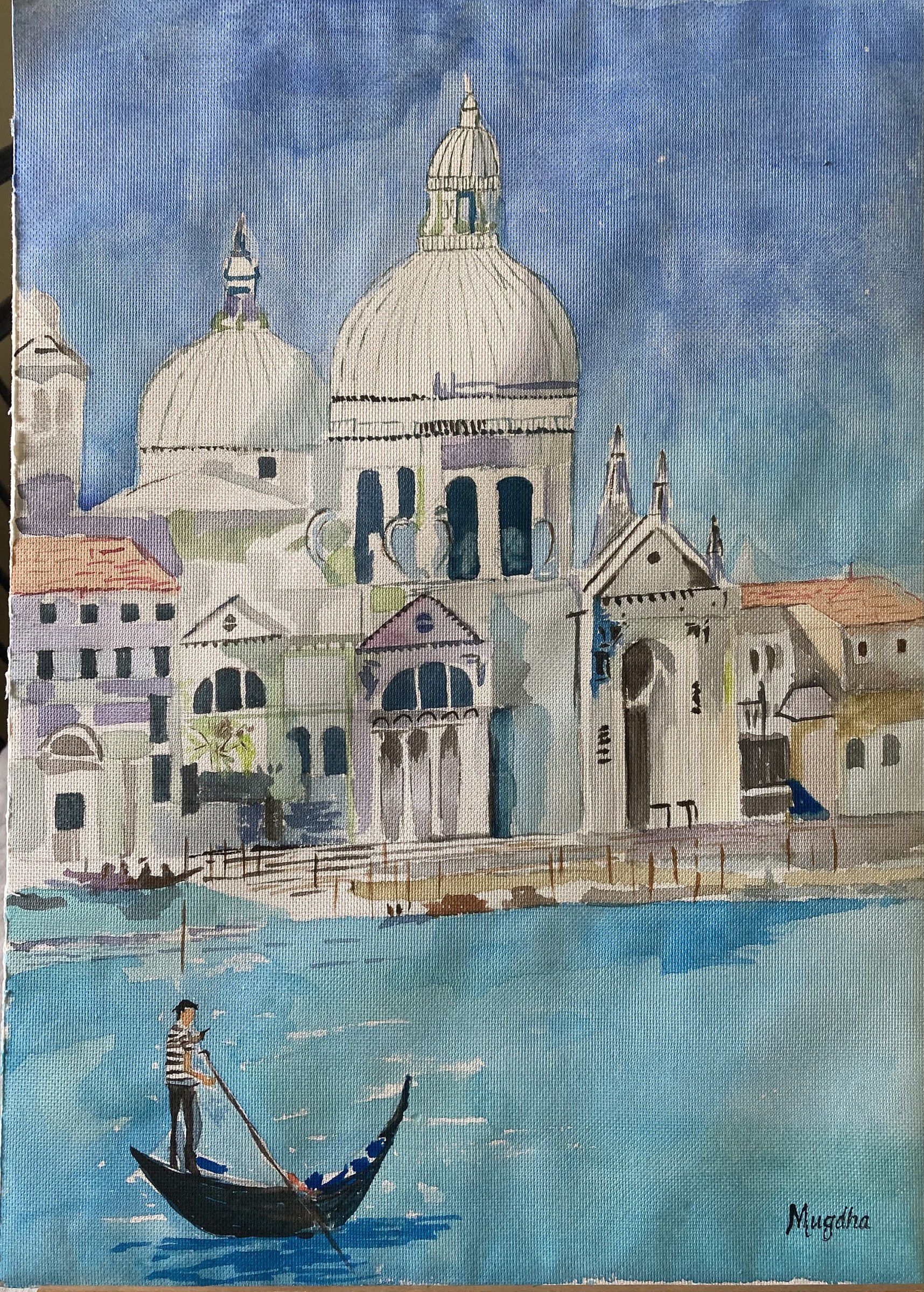 Watercolour of Venice: the white domes of a church above the Grand Canal, with a gondolier in the foreground