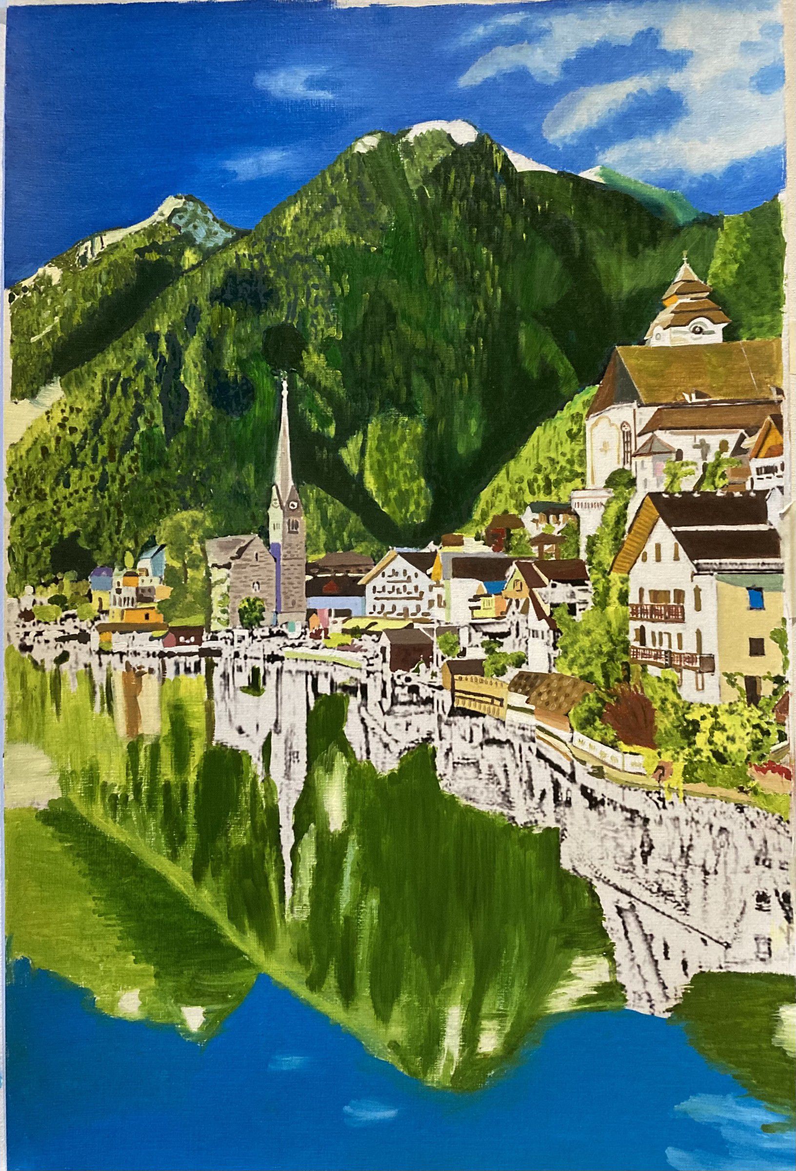 Painting of a lakeside village beneath green mountains, its church spire and houses reflected in the water