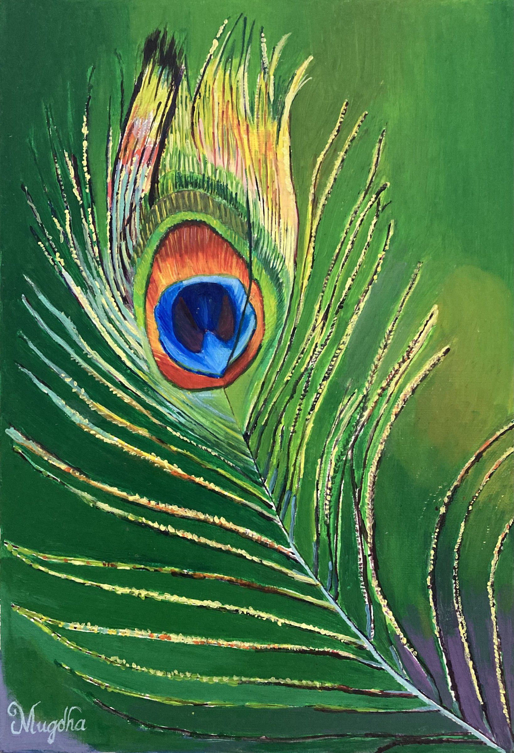 Painting of a single peacock feather, its blue and orange eye against a green background