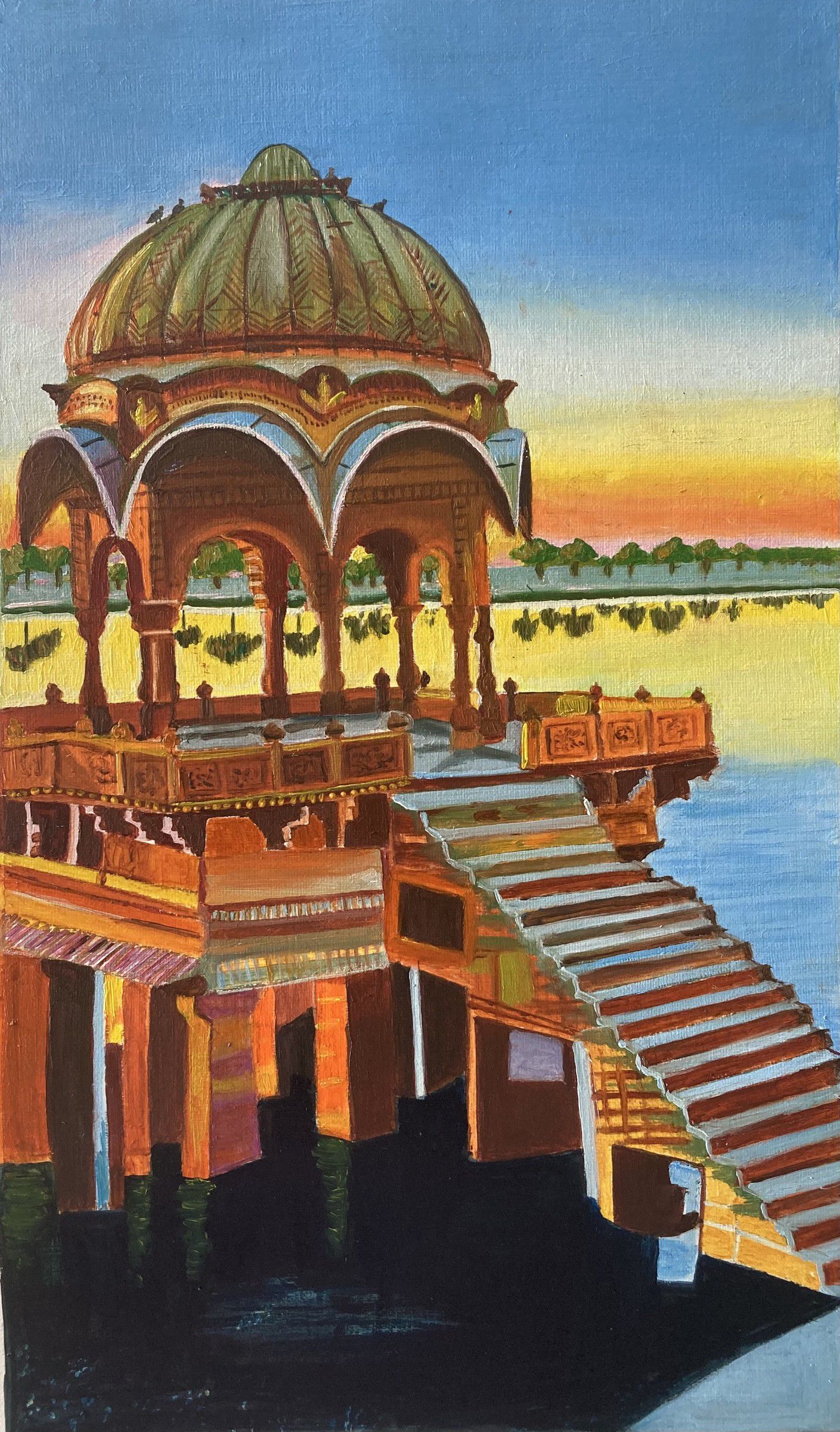 Painting of a sandstone domed pavilion with steps leading down to a lake at sunset