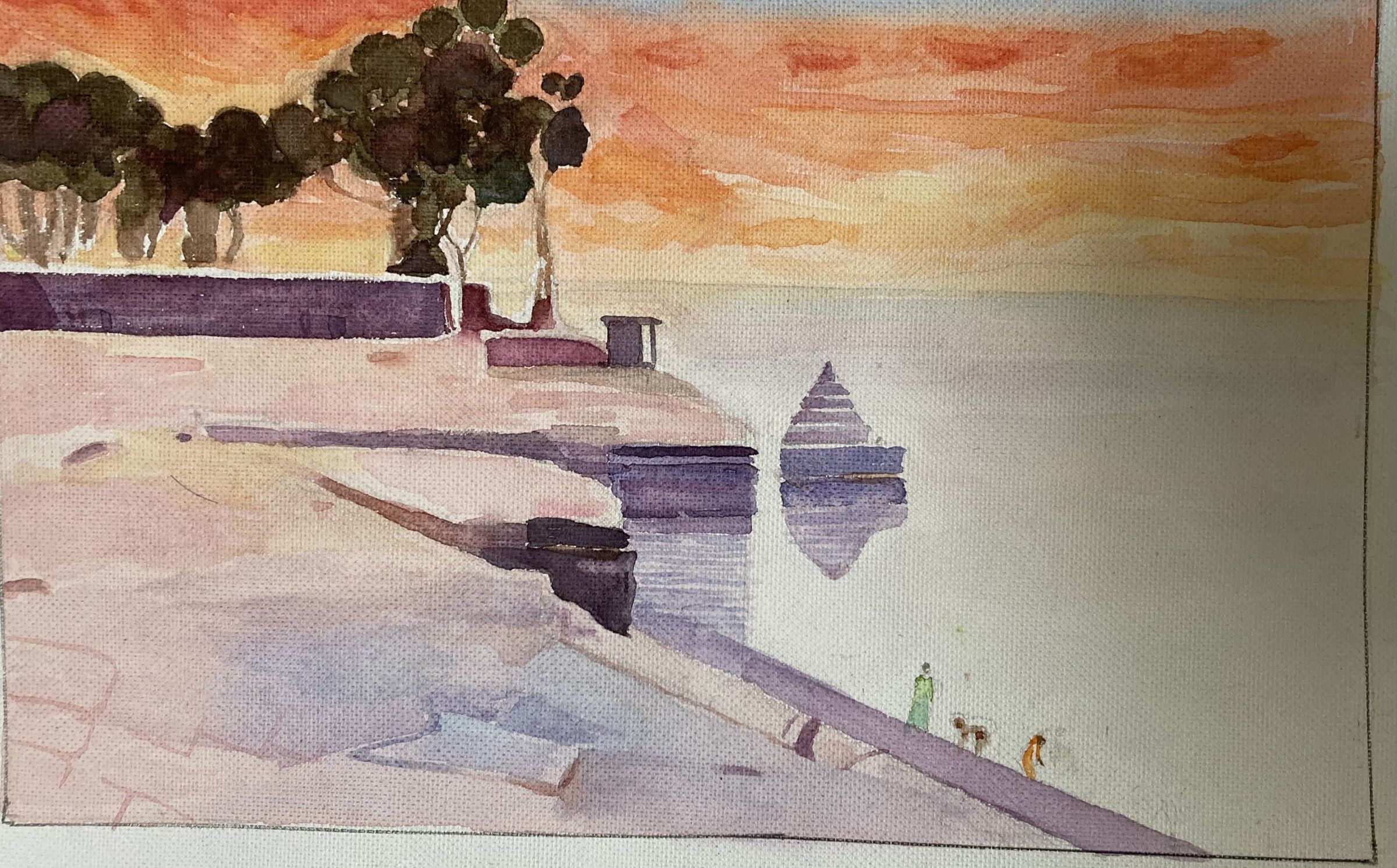 Watercolour of a riverside promenade at dusk, trees dark against an orange sky and a temple spire reflected in still water