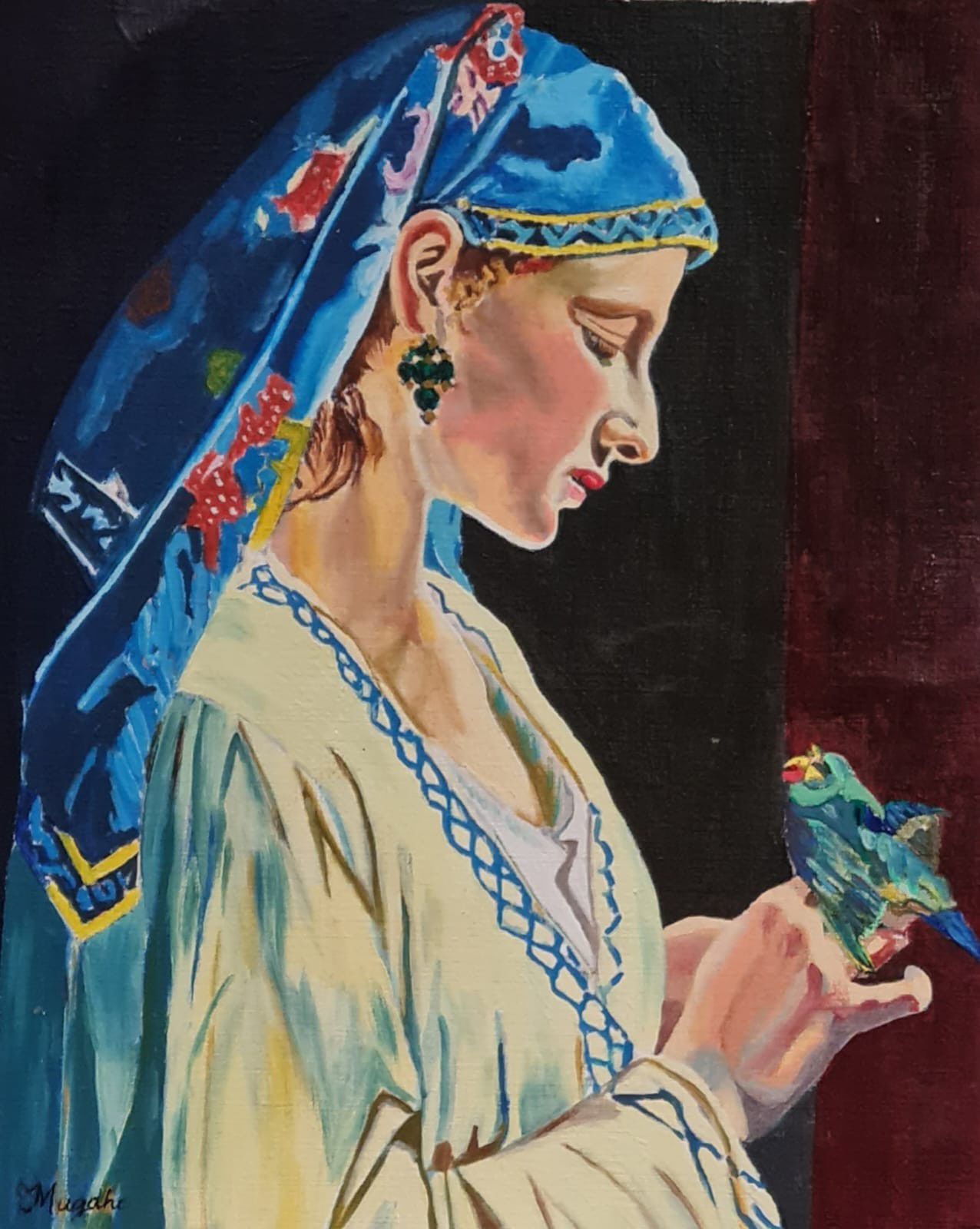 Painting of a woman in profile in a blue patterned headscarf, holding a small blue-green bird