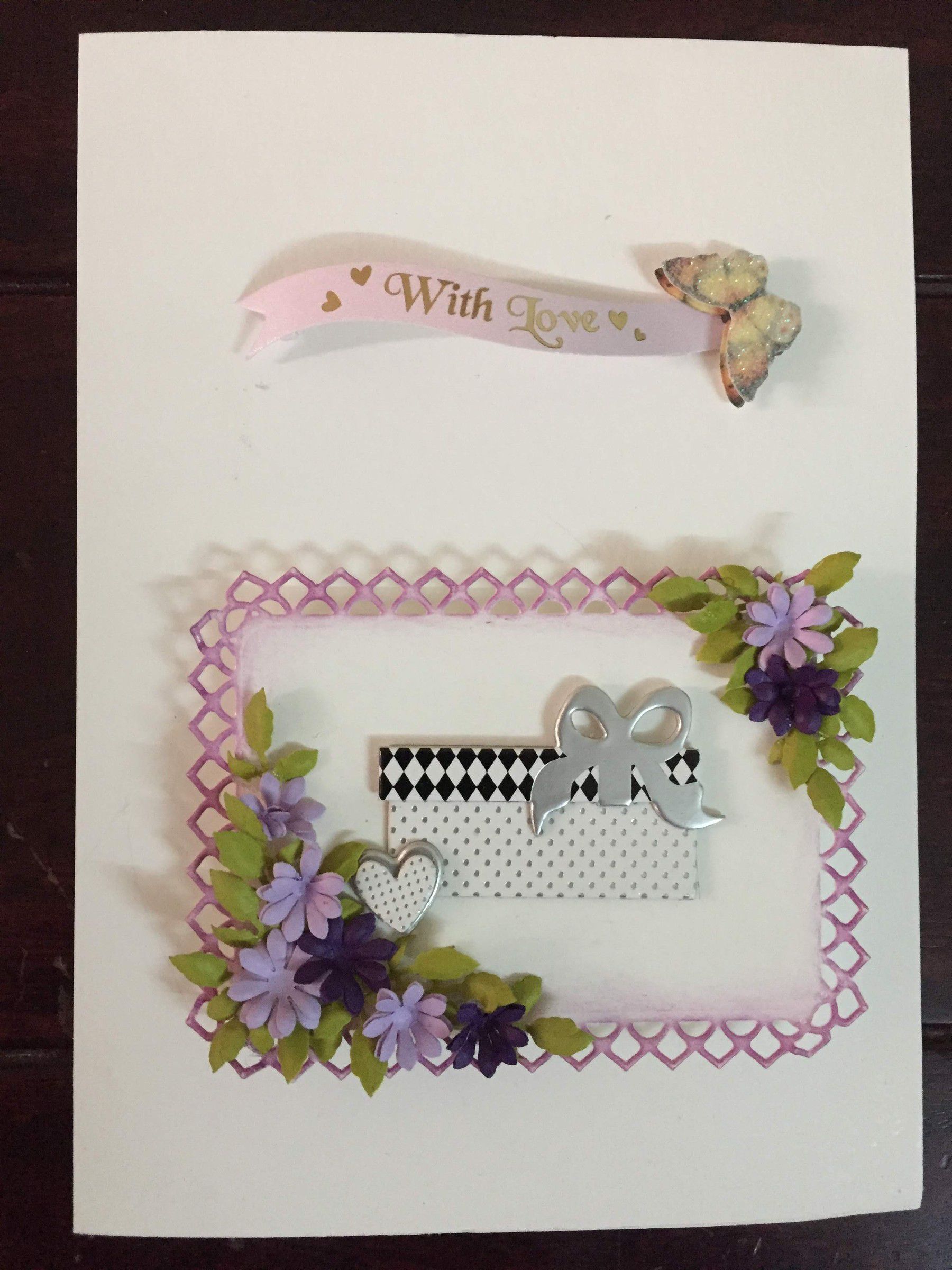 Card with a With Love banner, a butterfly, and a purple lattice frame of paper flowers