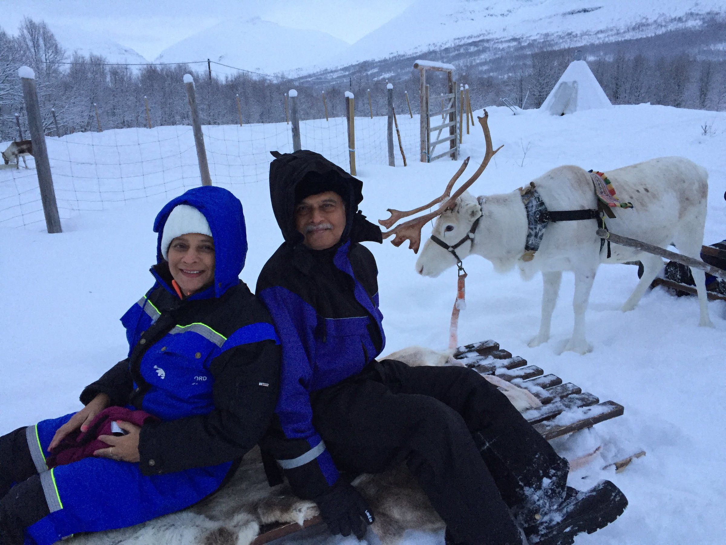 Mugdha and her husband in snowsuits on a reindeer sleigh, with snowy mountains behind
